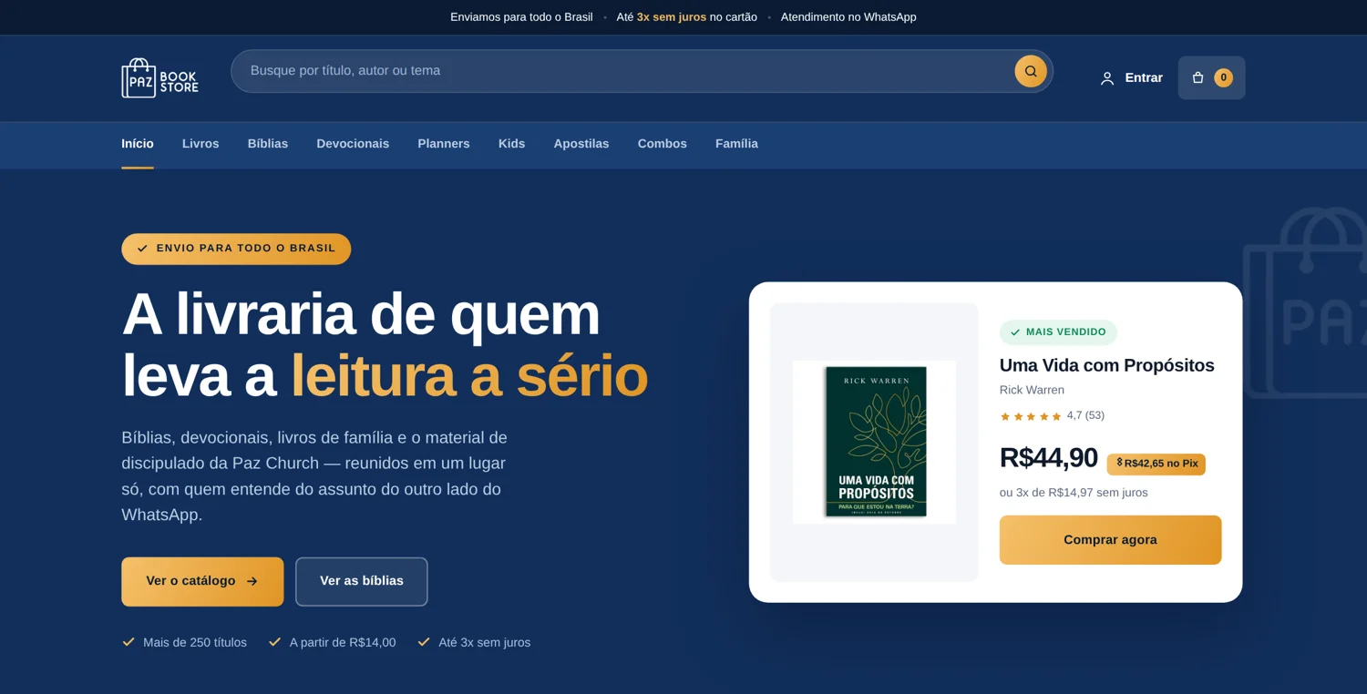 Prévia da home proposta para a Paz Bookstore